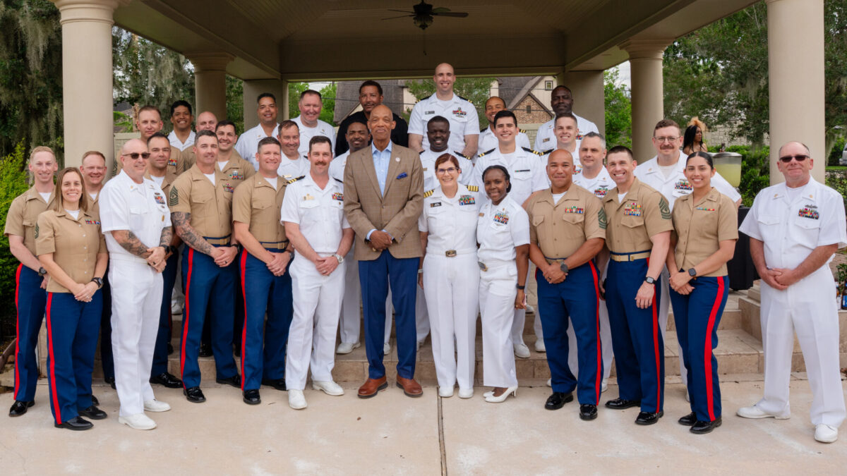 U.S. Navy and U.S. Marine Corps personnel join Texas Southern University leadership and partners for a group photo during a Naval Leadership Reception hosted by the University in celebration of Fleet Week Houston 2026.