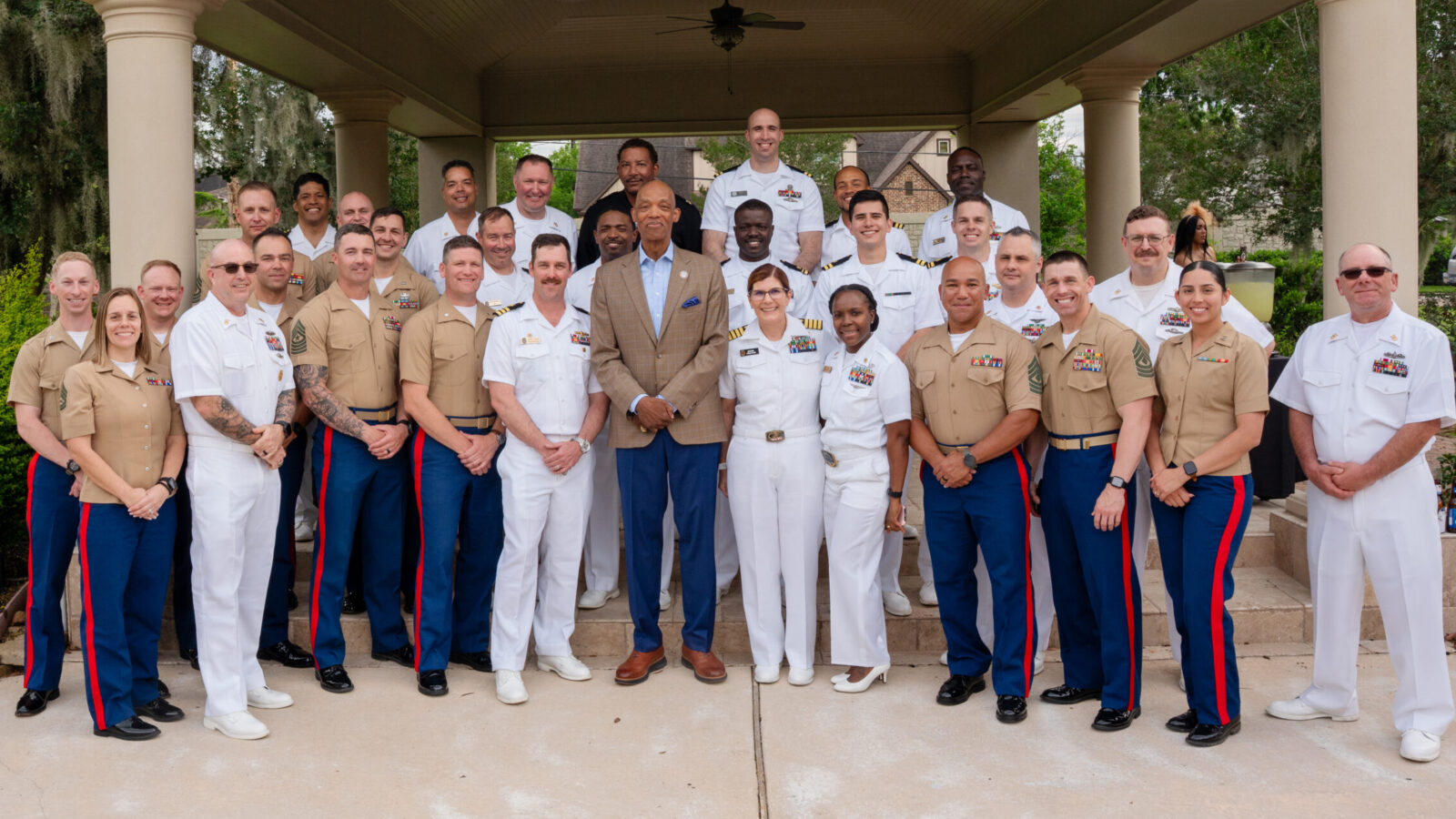 U.S. Navy and U.S. Marine Corps personnel join Texas Southern University leadership and partners for a group photo during a Naval Leadership Reception hosted by the University in celebration of Fleet Week Houston 2026.